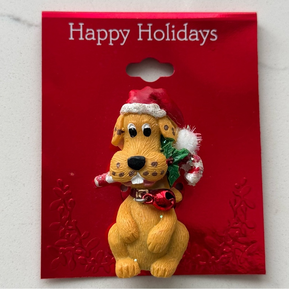 Antique Vintage Brooch Happy Holidays Dog With Santa Hat & Jingle Bell Pin